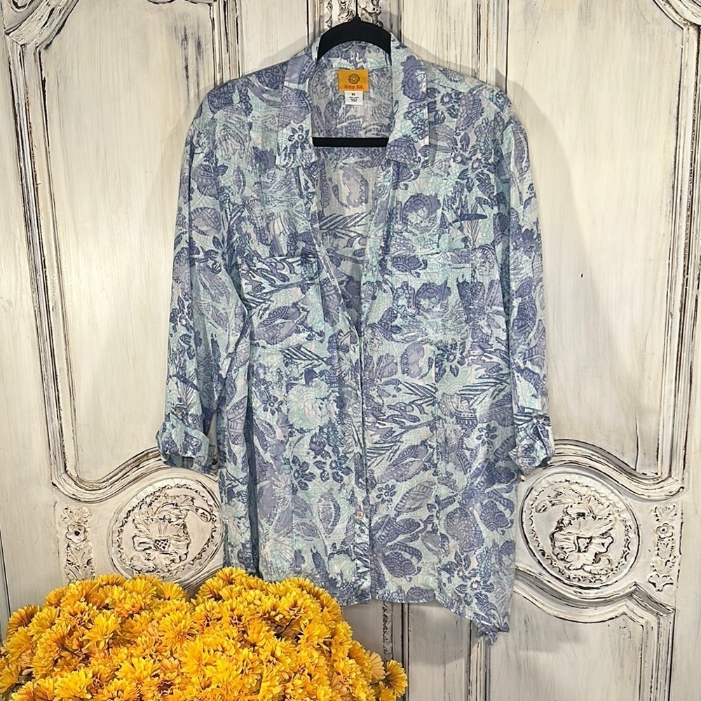 Ruby Rd. Graphic Mid Sleeve Button Down Blue Top … - image 1